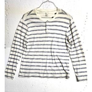GAP Sweater Men Large Off White Blue Striped Round Neck Buttons Long Sleeve